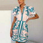 Scarf print mini party dress in pink and red with puff sleeves and button front - view 6