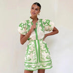 Scarf print mini party dress in pink and red with puff sleeves and button front - view 7