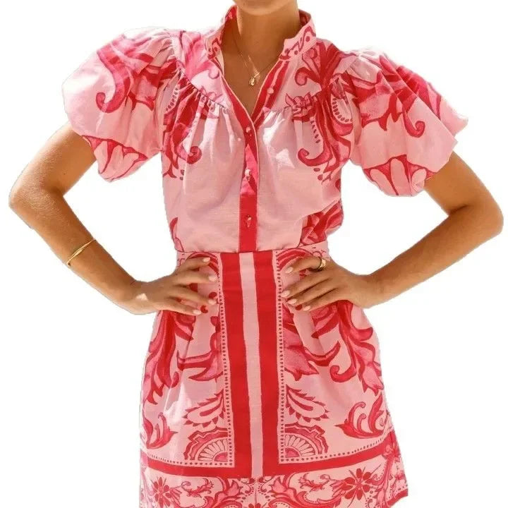Scarf print mini party dress in pink and red with puff sleeves and button front - view 8