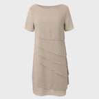 Asymmetric tiered chiffon formal dress with short sleeves and round neck