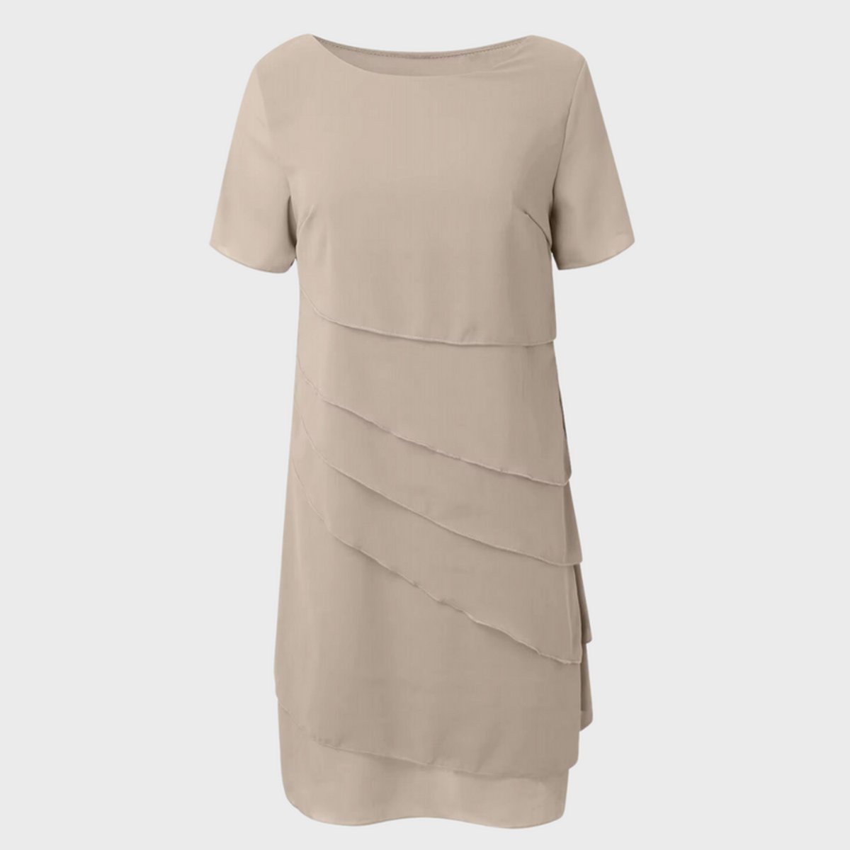 Asymmetric tiered chiffon formal dress with short sleeves and round neck