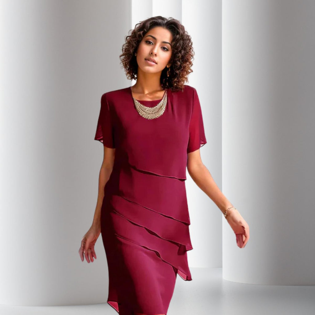 Asymmetric tiered chiffon formal dress with short sleeves and round neck - view 2