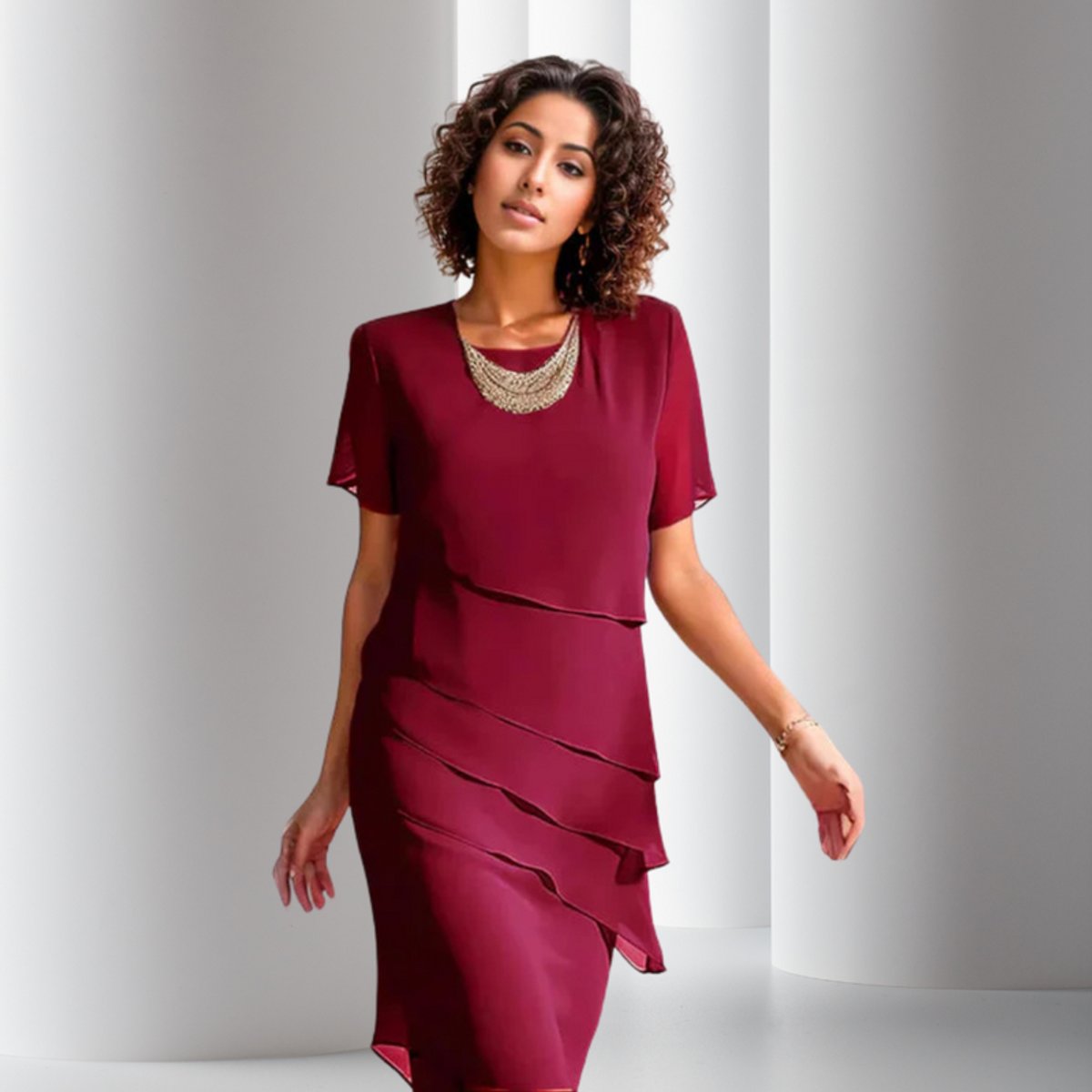 Asymmetric tiered chiffon formal dress with short sleeves and round neck - view 2