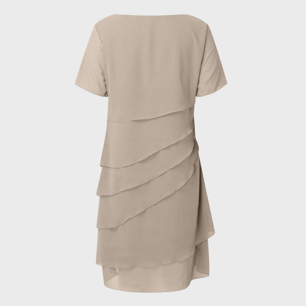 Asymmetric tiered chiffon formal dress with short sleeves and round neck - view 5