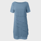 Asymmetric tiered chiffon formal dress with short sleeves and round neck - view 7