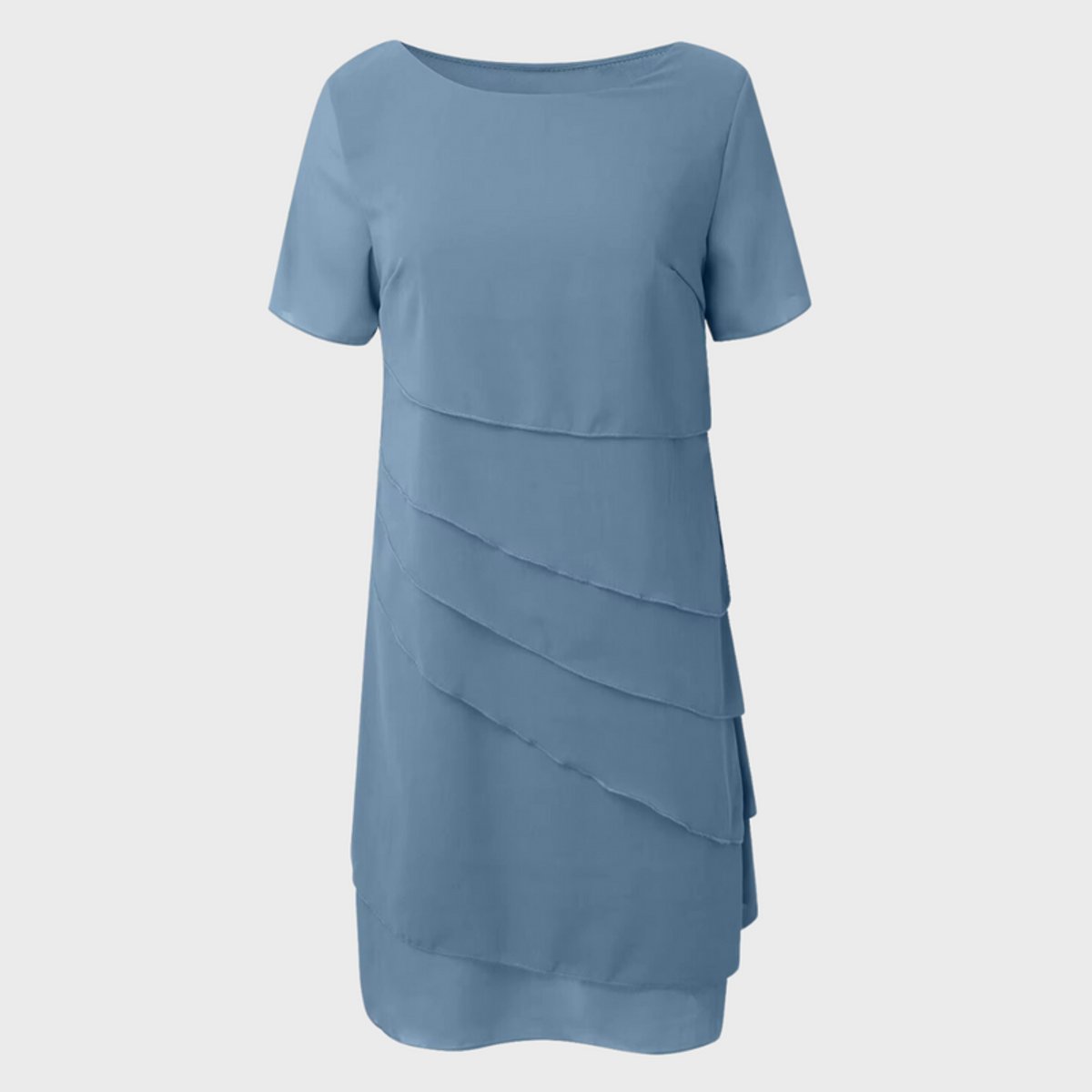 Asymmetric tiered chiffon formal dress with short sleeves and round neck - view 7