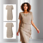Asymmetric tiered chiffon formal dress with short sleeves and round neck - view 9