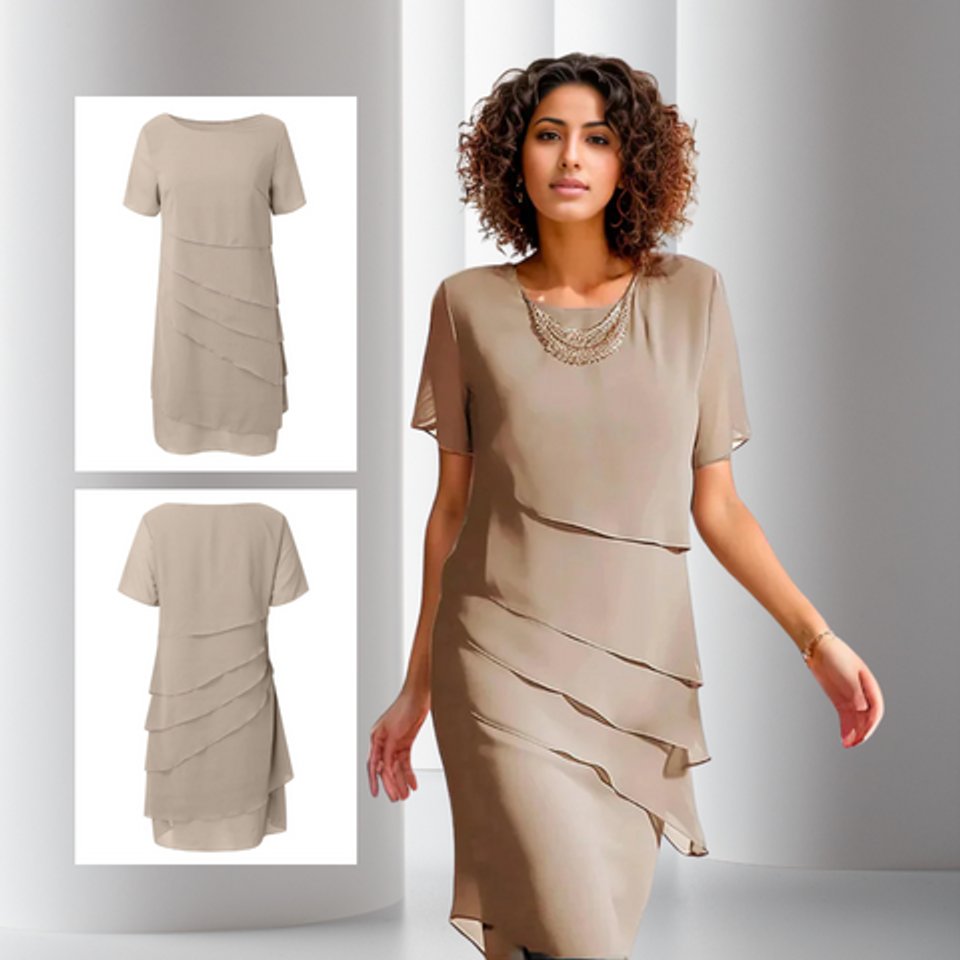 Asymmetric tiered chiffon formal dress with short sleeves and round neck - view 9