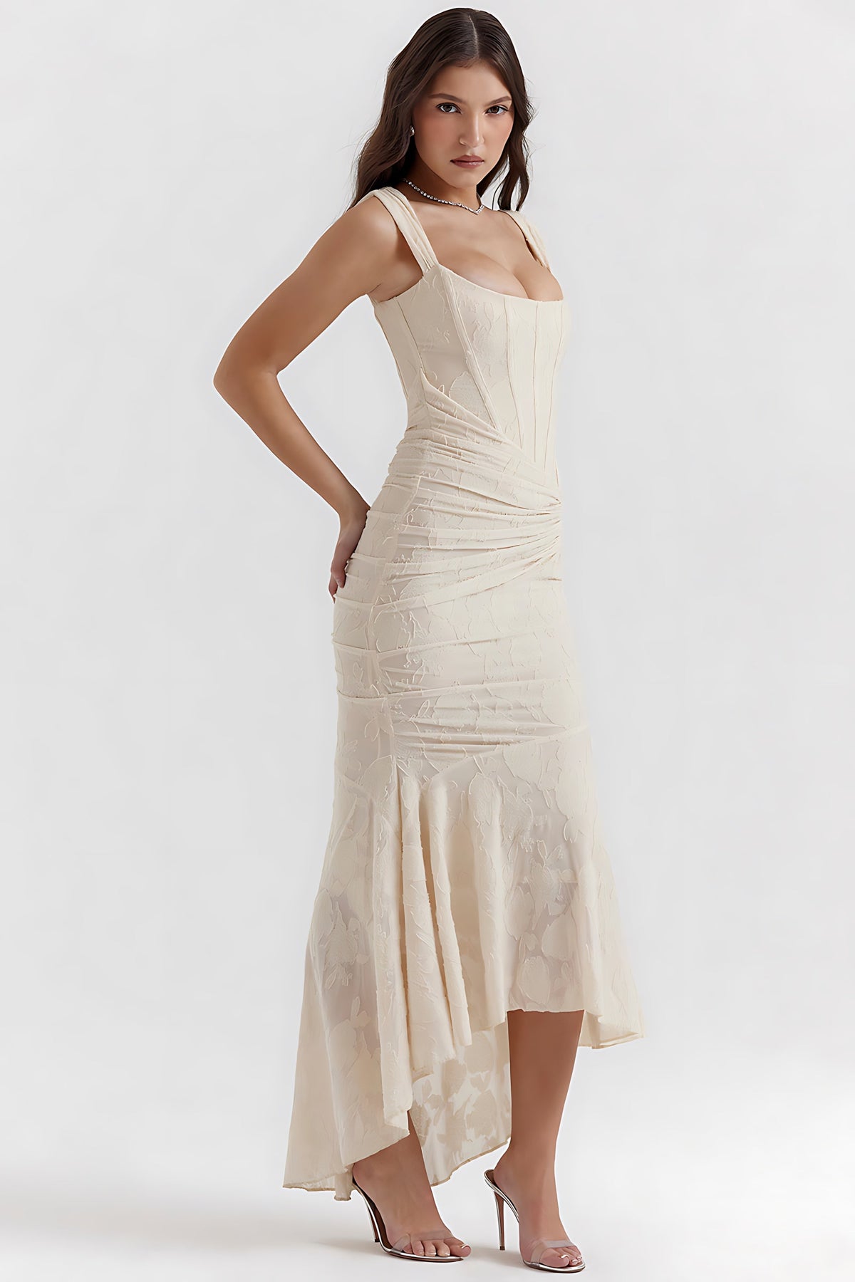 Ruched bodycon corset midi dress with high-low fishtail hem - view 10