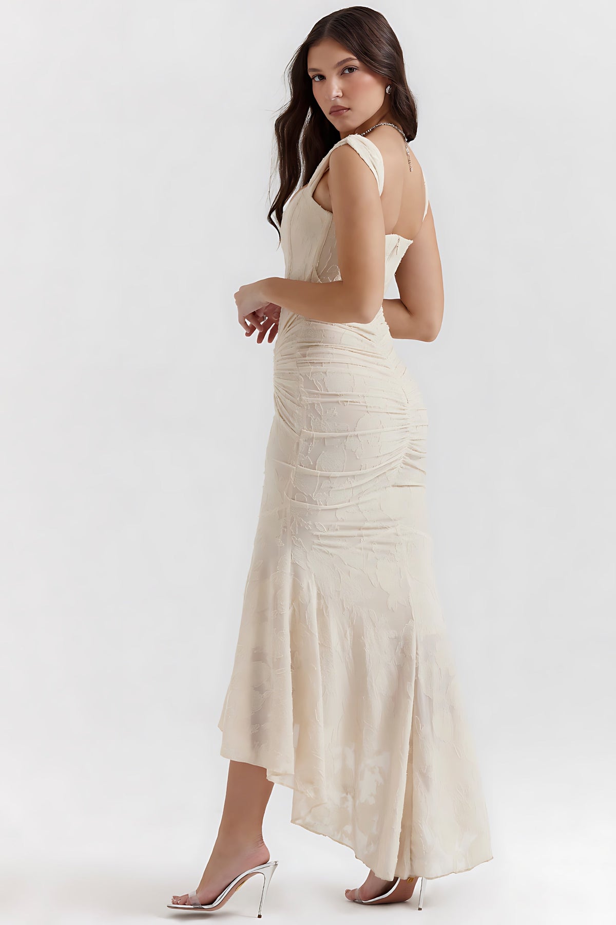 Ruched bodycon corset midi dress with high-low fishtail hem - view 12