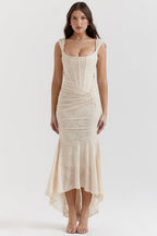 Ruched bodycon corset midi dress with high-low fishtail hem - view 13