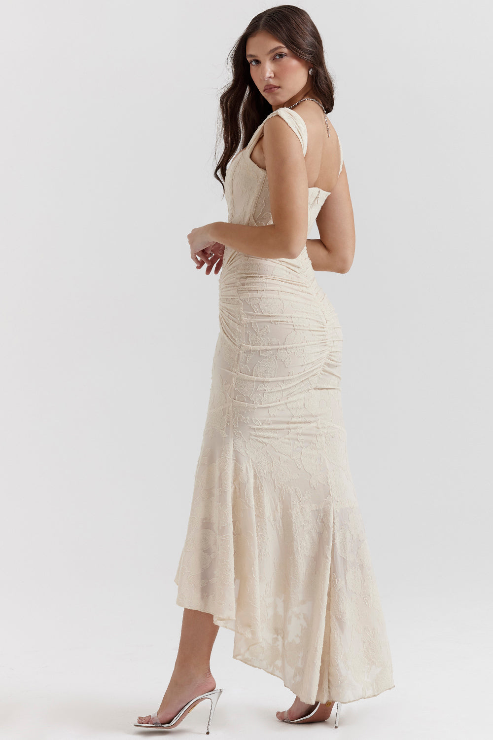 Ruched bodycon corset midi dress with high-low fishtail hem - view 15