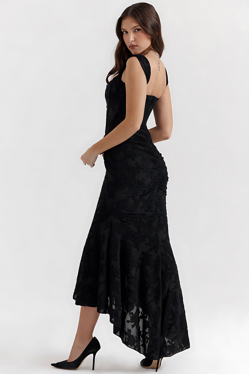 Ruched bodycon corset midi dress with high-low fishtail hem - view 2