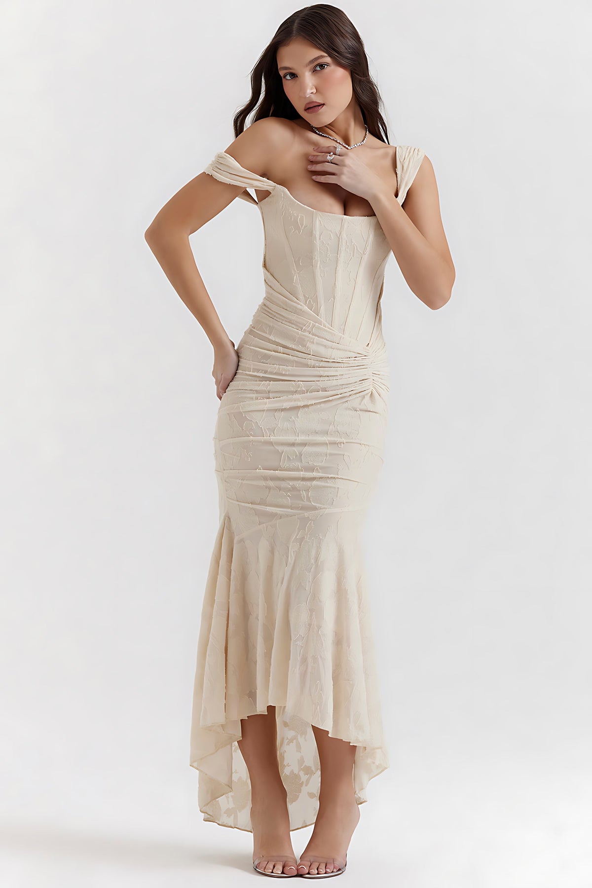 Ruched bodycon corset midi dress with high-low fishtail hem - view 8