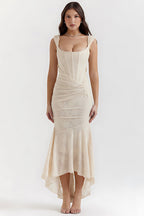 Ruched bodycon corset midi dress with high-low fishtail hem - view 9