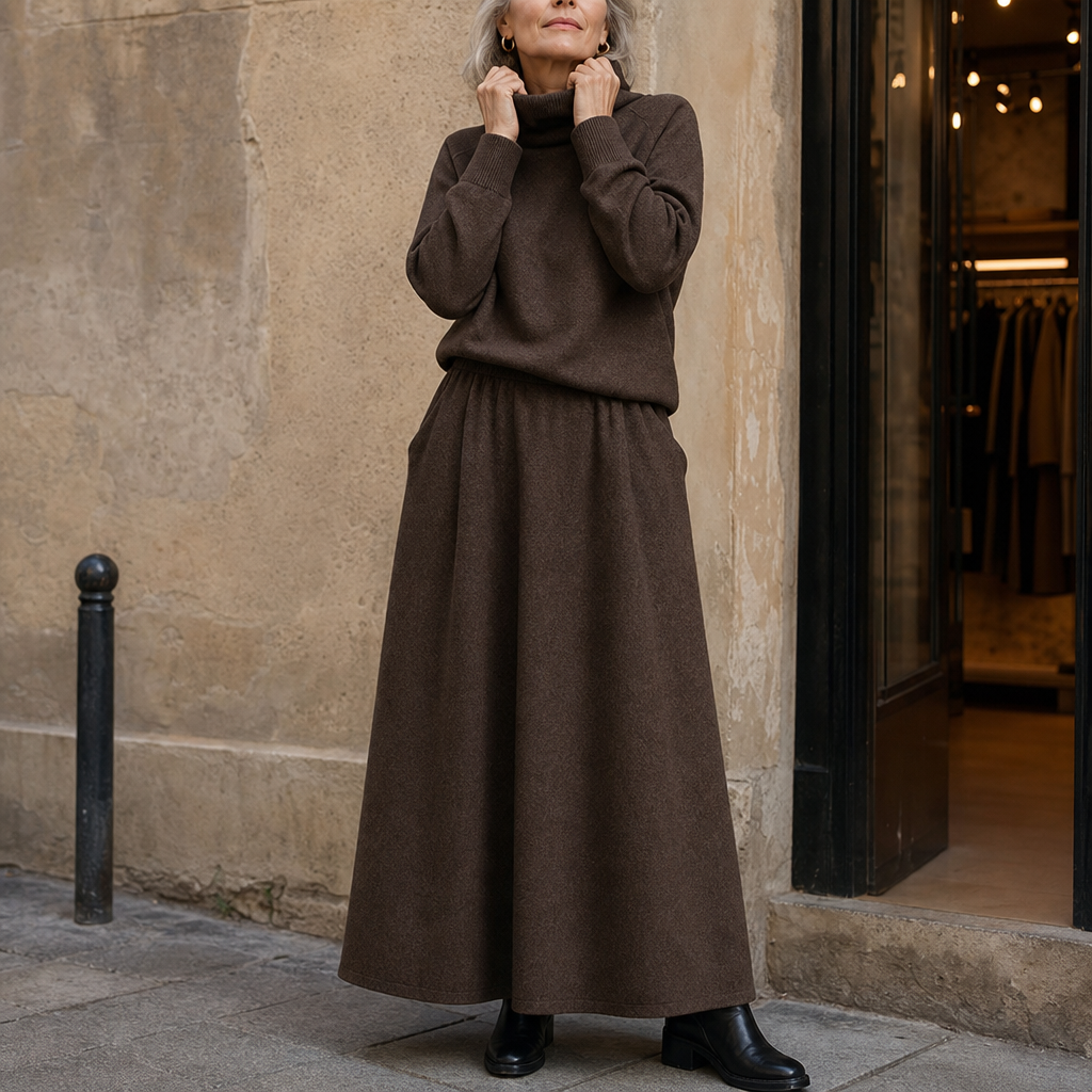 Woman in a brown knit turtleneck and A-line maxi skirt set outdoors - view 2