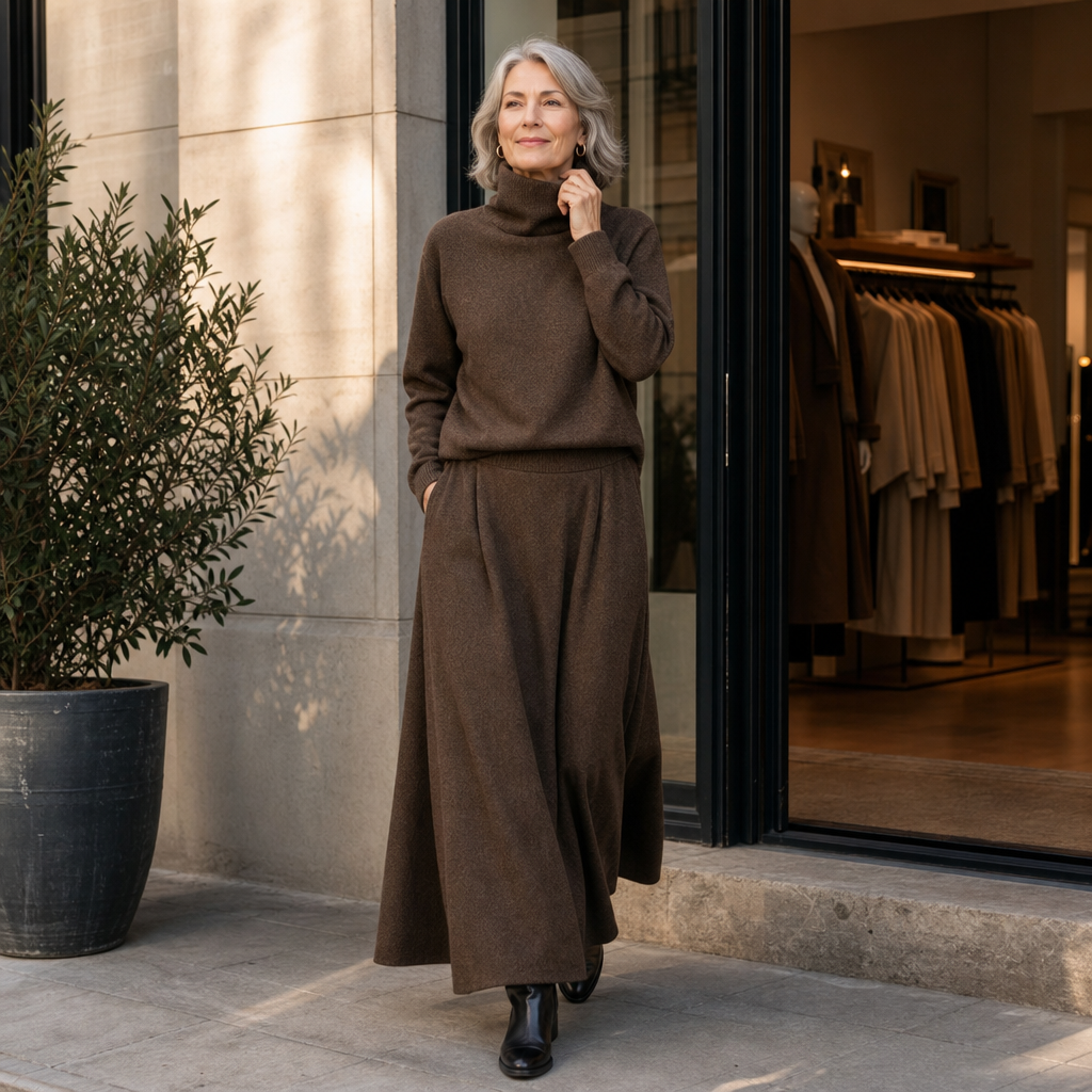 Woman in a brown knit turtleneck and A-line maxi skirt set outdoors - view 3