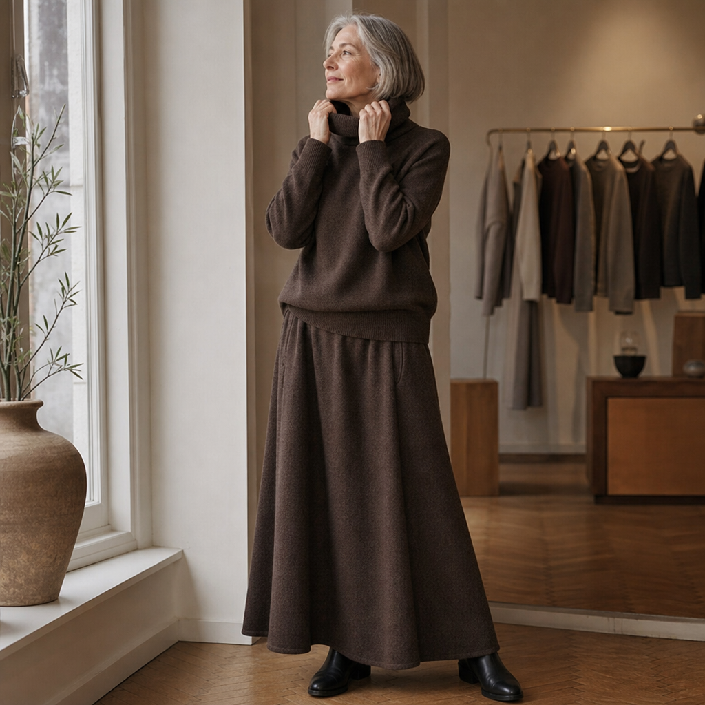 Woman in a brown knit turtleneck and A-line maxi skirt set outdoors - view 5