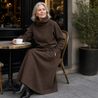 Woman in a brown knit turtleneck and A-line maxi skirt set outdoors - view 7