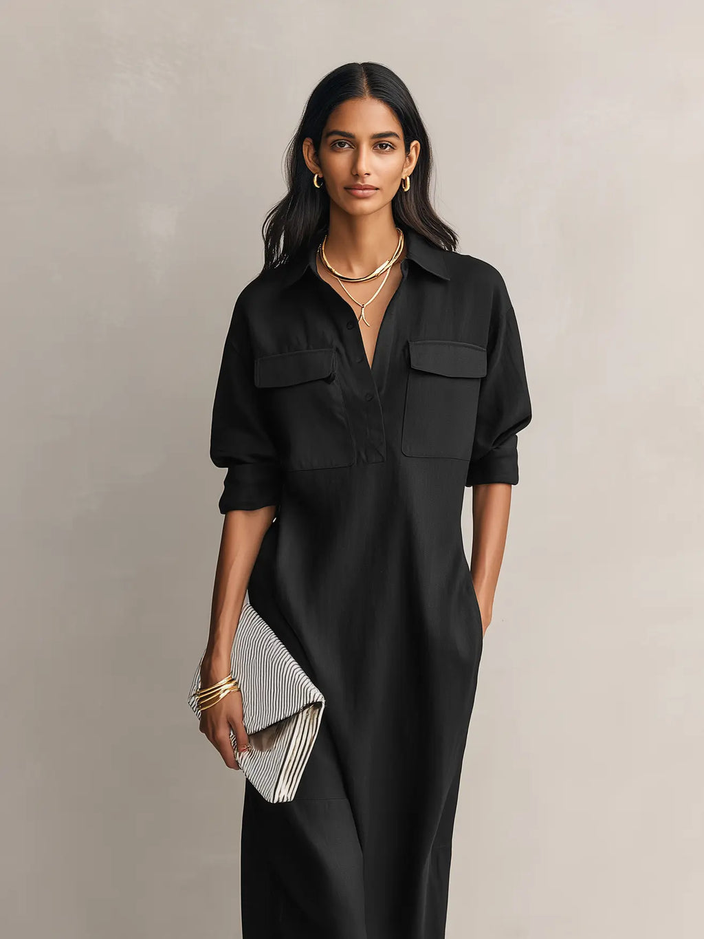 Frances | Women's Elegant Black Cotton-Linen Blend Shirt Collar Short-Sleeved Midi Dress oaklynwear