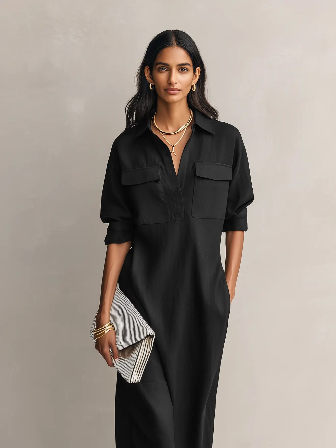 Frances | Women's Elegant Black Cotton-Linen Blend Shirt Collar Short-Sleeved Midi Dress oaklynwear
