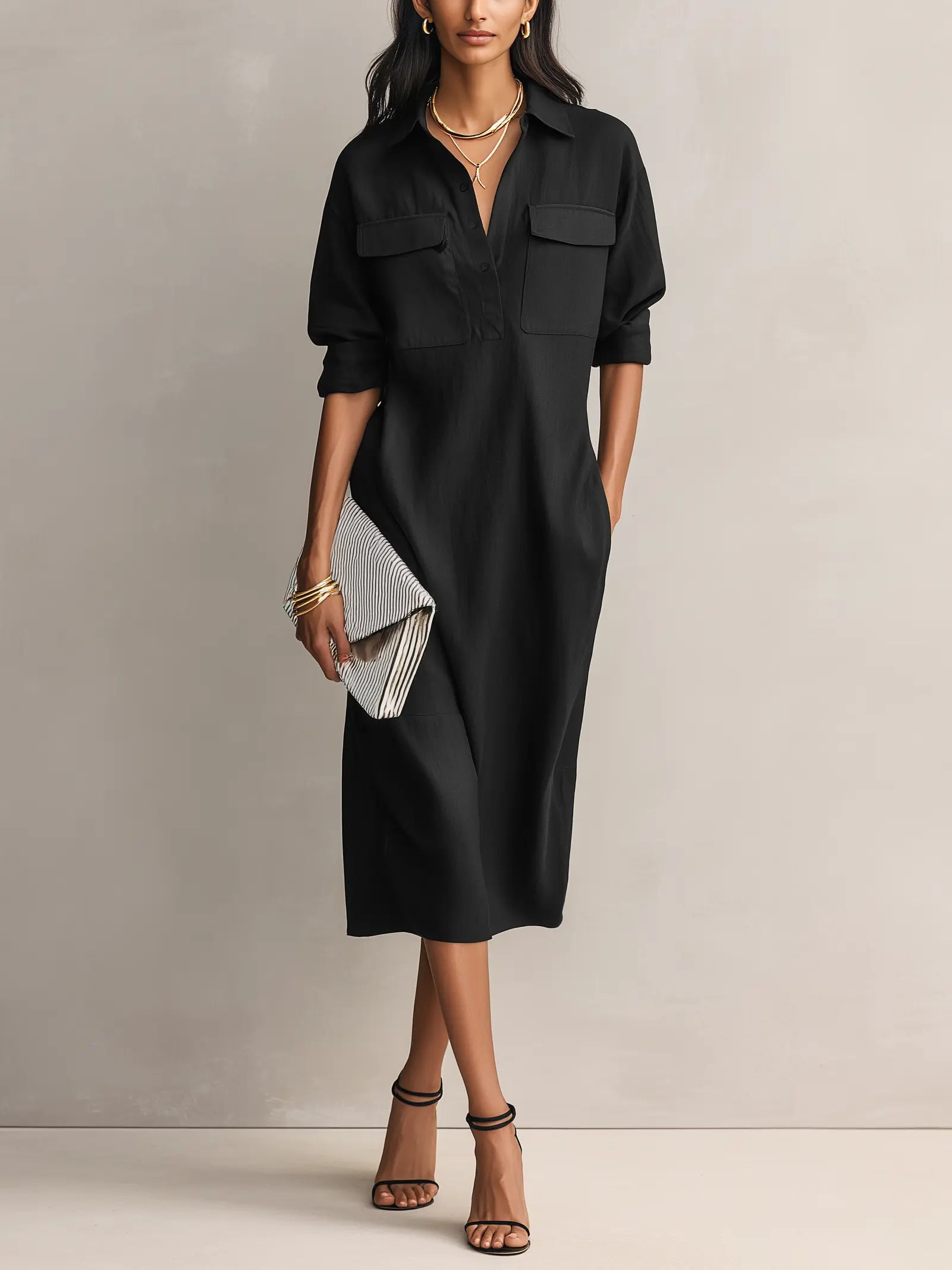 Frances | Women's Elegant Black Cotton-Linen Blend Shirt Collar Short-Sleeved Midi Dress oaklynwear