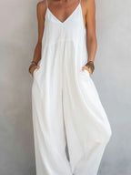 June| Women's Casual White Cotton-Linen Blend Sleeveless Loose Jumpsuit oaklynwear