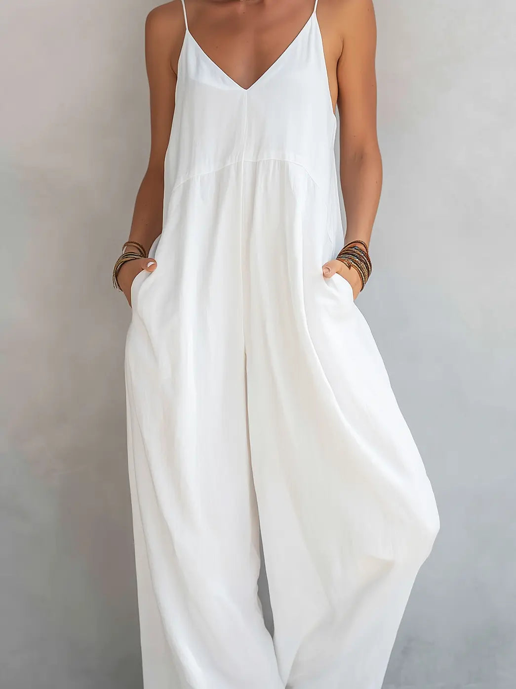 June| Women's Casual White Cotton-Linen Blend Sleeveless Loose Jumpsuit oaklynwear
