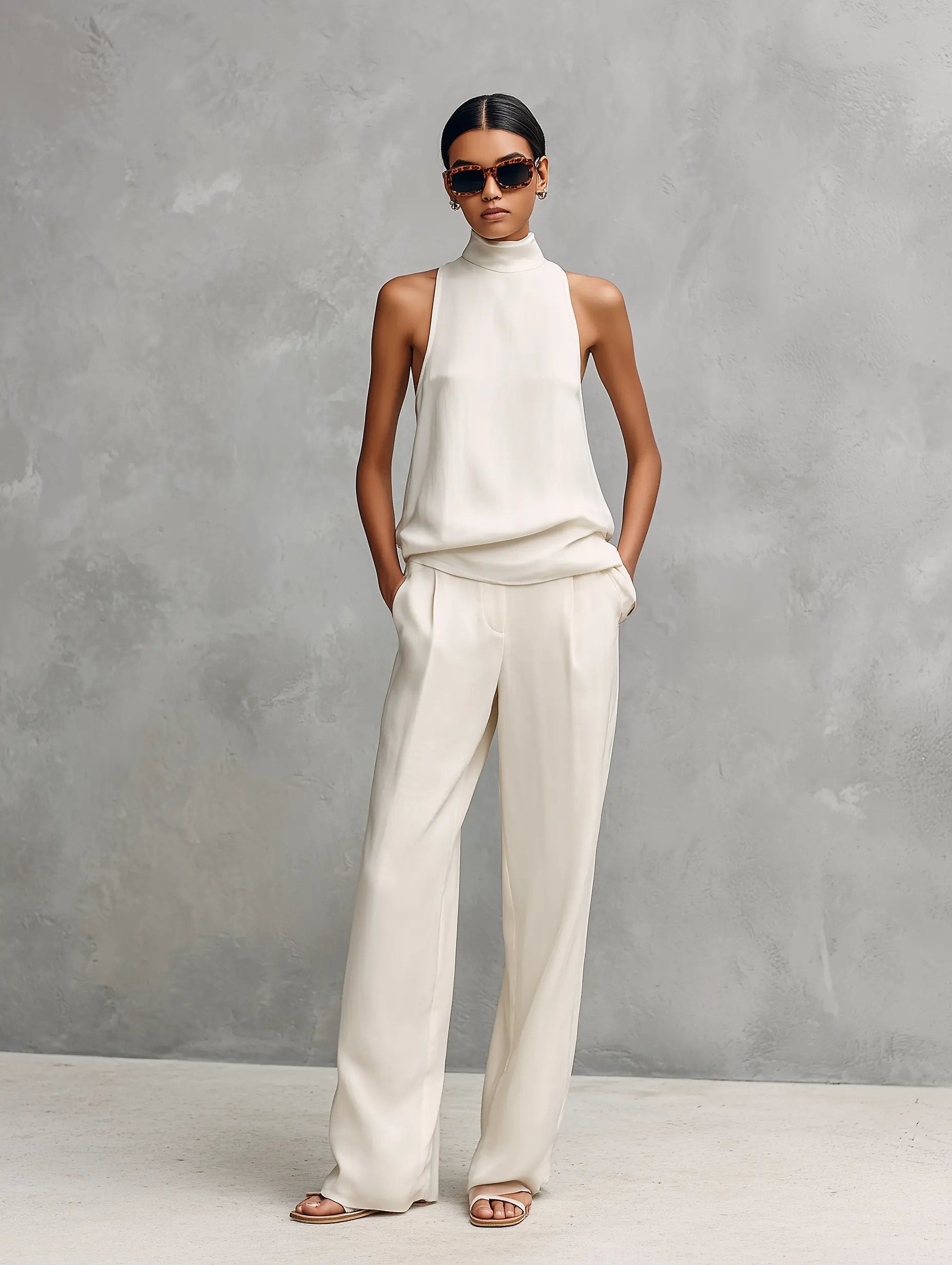 Monica | Women's Elegant Black Cotton and Linen Round-Neck Sleeveless Top and Trousers Set oaklynwear