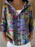 Women's button front hooded sweater with colorful all-over print