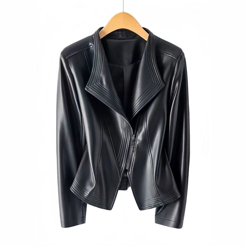 Women's black faux leather jacket with asymmetric zip and stitched wide collar