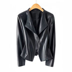 Women's black faux leather jacket with asymmetric zip and stitched wide collar