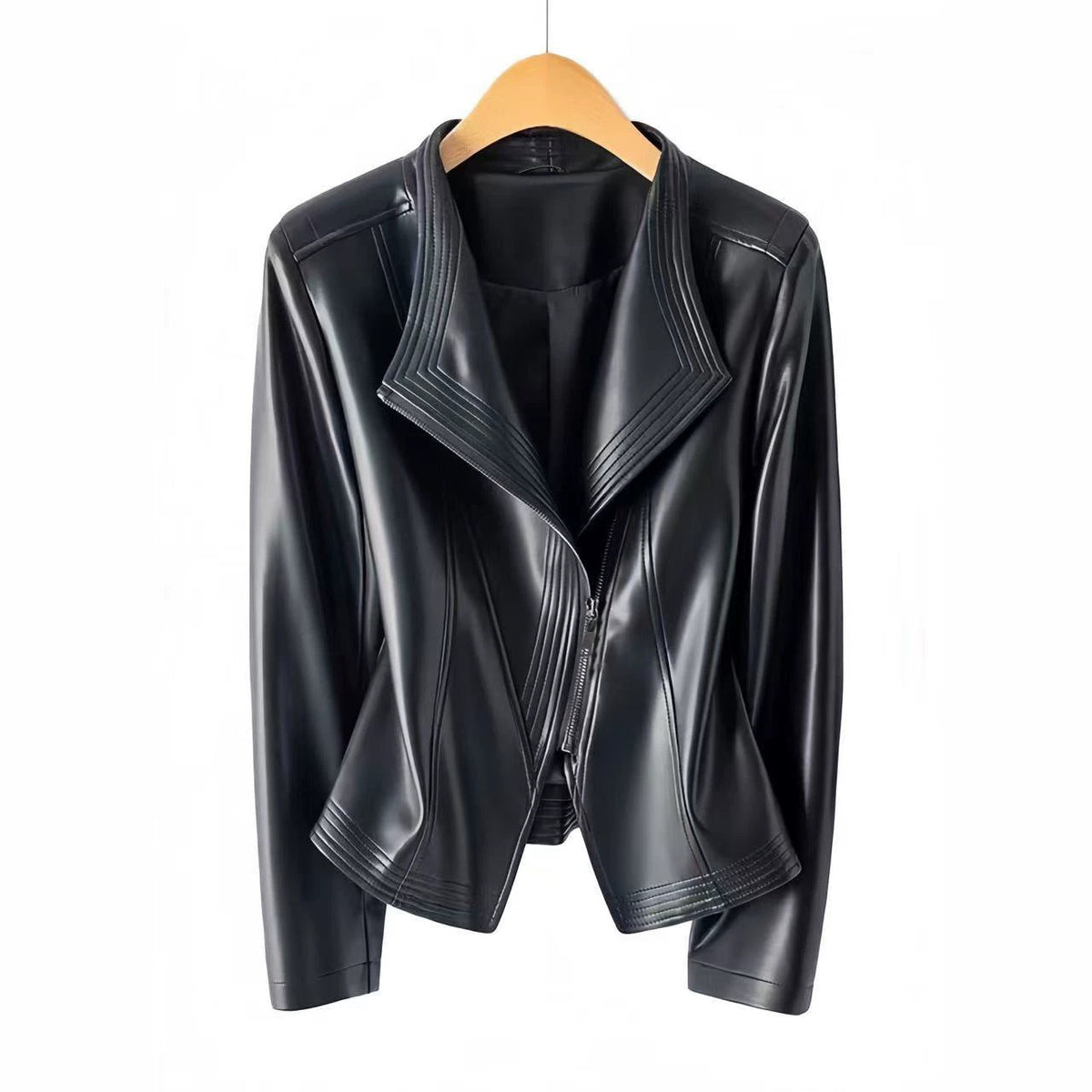 Women's black faux leather jacket with asymmetric zip and stitched wide collar