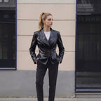 Women's black faux leather jacket with asymmetric zip and stitched wide collar - view 2