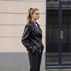 Women's black faux leather jacket with asymmetric zip and stitched wide collar - view 3
