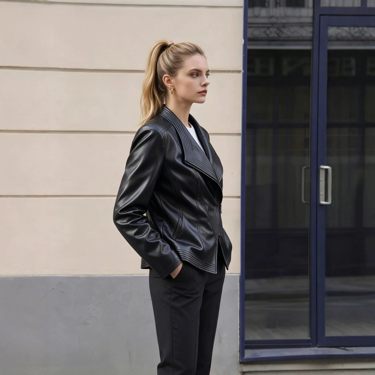 Women's black faux leather jacket with asymmetric zip and stitched wide collar - view 3