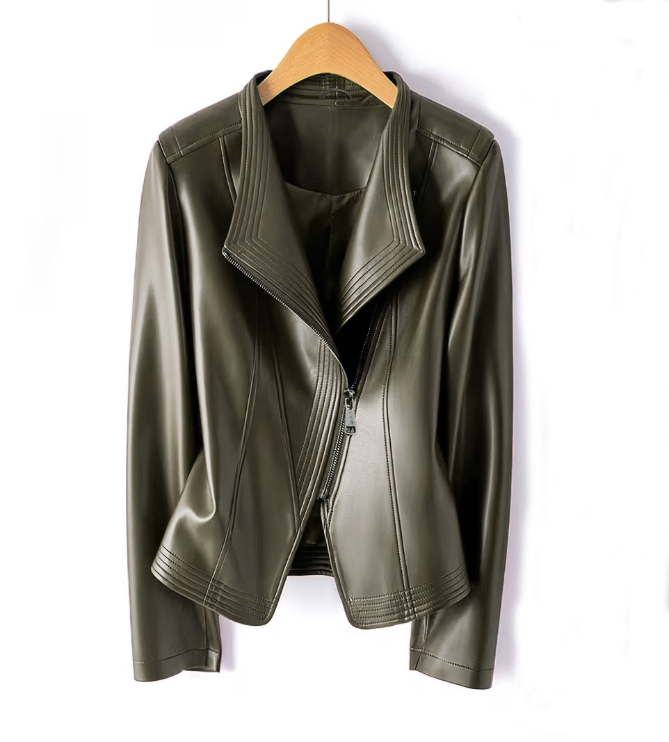 Women's black faux leather jacket with asymmetric zip and stitched wide collar - view 6
