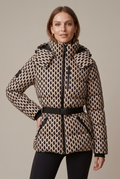 Quilted puffer jacket with buckle belt, hood and zip pockets on model
