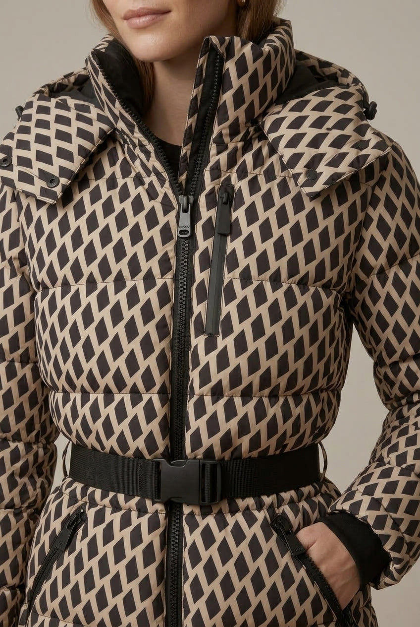Quilted puffer jacket with buckle belt, hood and zip pockets on model - view 2