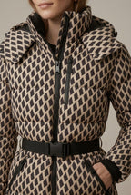 Quilted puffer jacket with buckle belt, hood and zip pockets on model - view 2