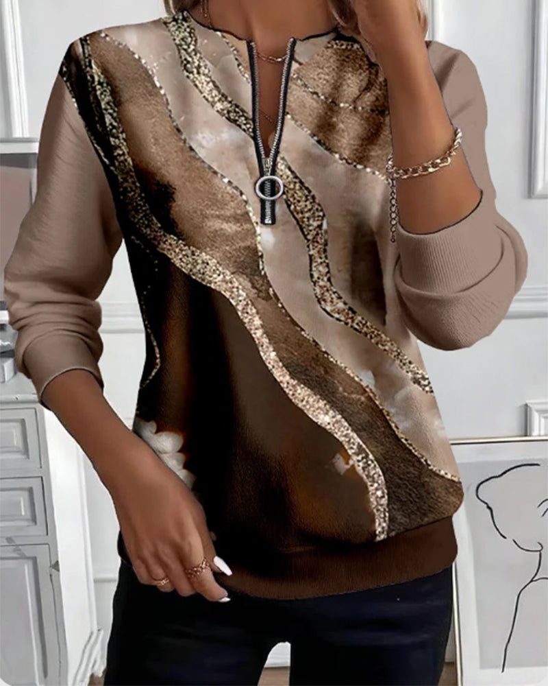Women's half zip sweatshirt with diagonal marble print and glitter-look stripes