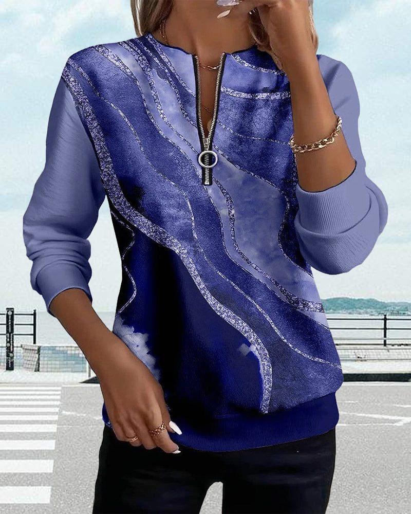Women's half zip sweatshirt with diagonal marble print and glitter-look stripes - view 6