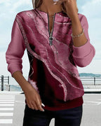 Women's half zip sweatshirt with diagonal marble print and glitter-look stripes - view 9