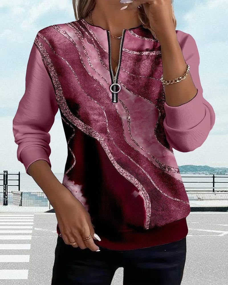 Women's half zip sweatshirt with diagonal marble print and glitter-look stripes - view 9