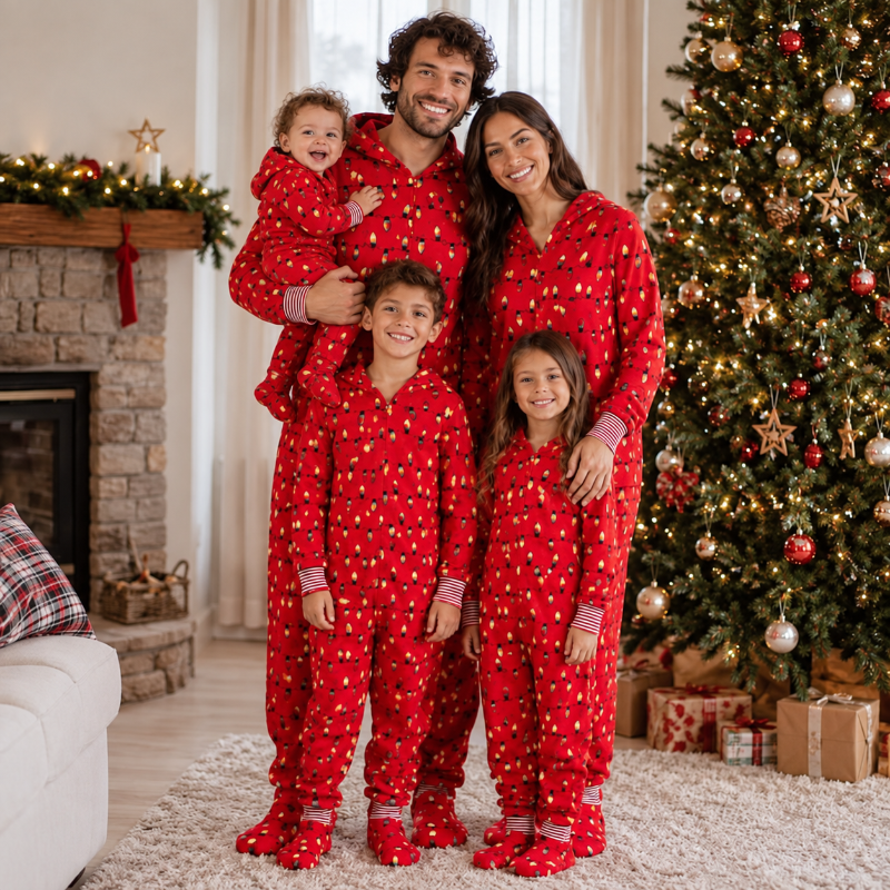 Red hooded footed Christmas onesie with string-light bulb print worn by a matching family