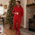Red hooded footed Christmas onesie with string-light bulb print worn by a matching family - view 4