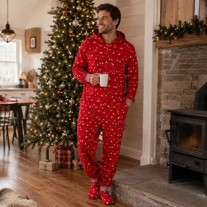 Red hooded footed Christmas onesie with string-light bulb print worn by a matching family - view 4