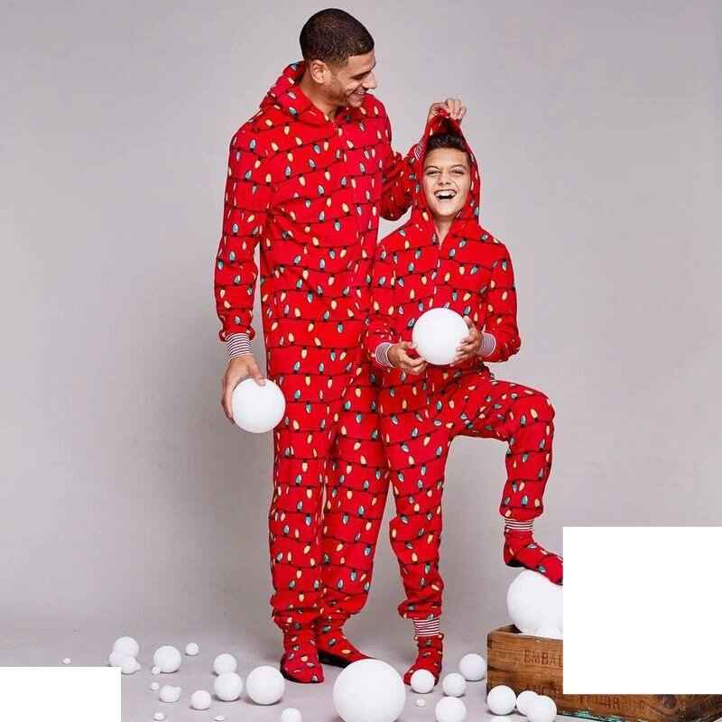 Red hooded footed Christmas onesie with string-light bulb print worn by a matching family - view 8