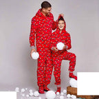 Red hooded footed Christmas onesie with string-light bulb print worn by a matching family - view 8