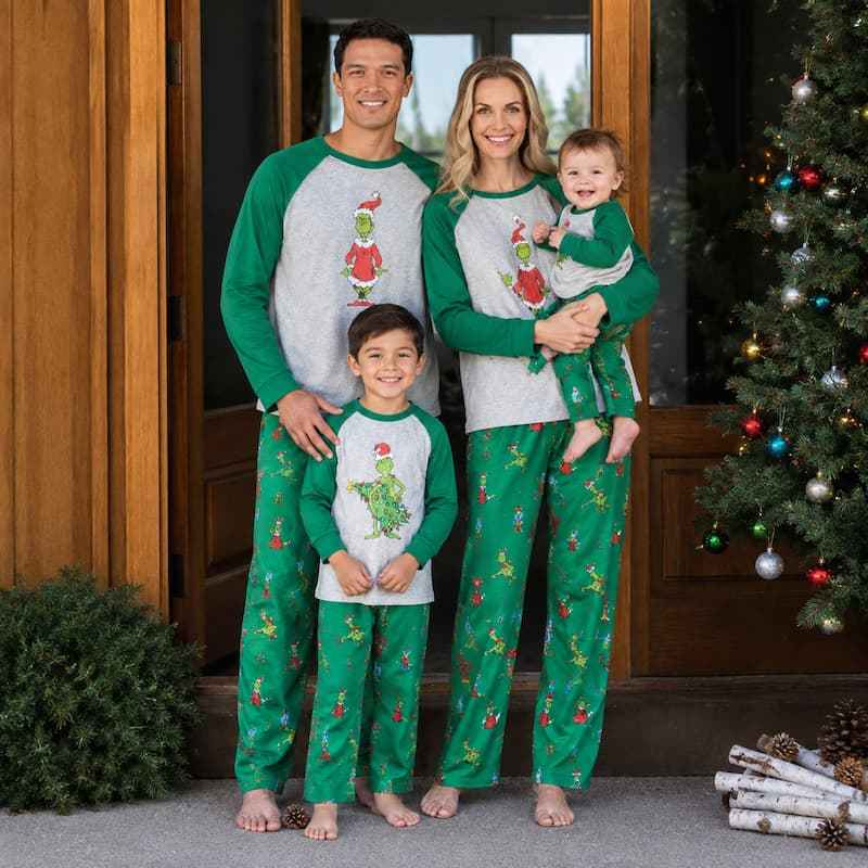 Matching family Christmas pajamas with gray raglan top, green sleeves and green character print pants